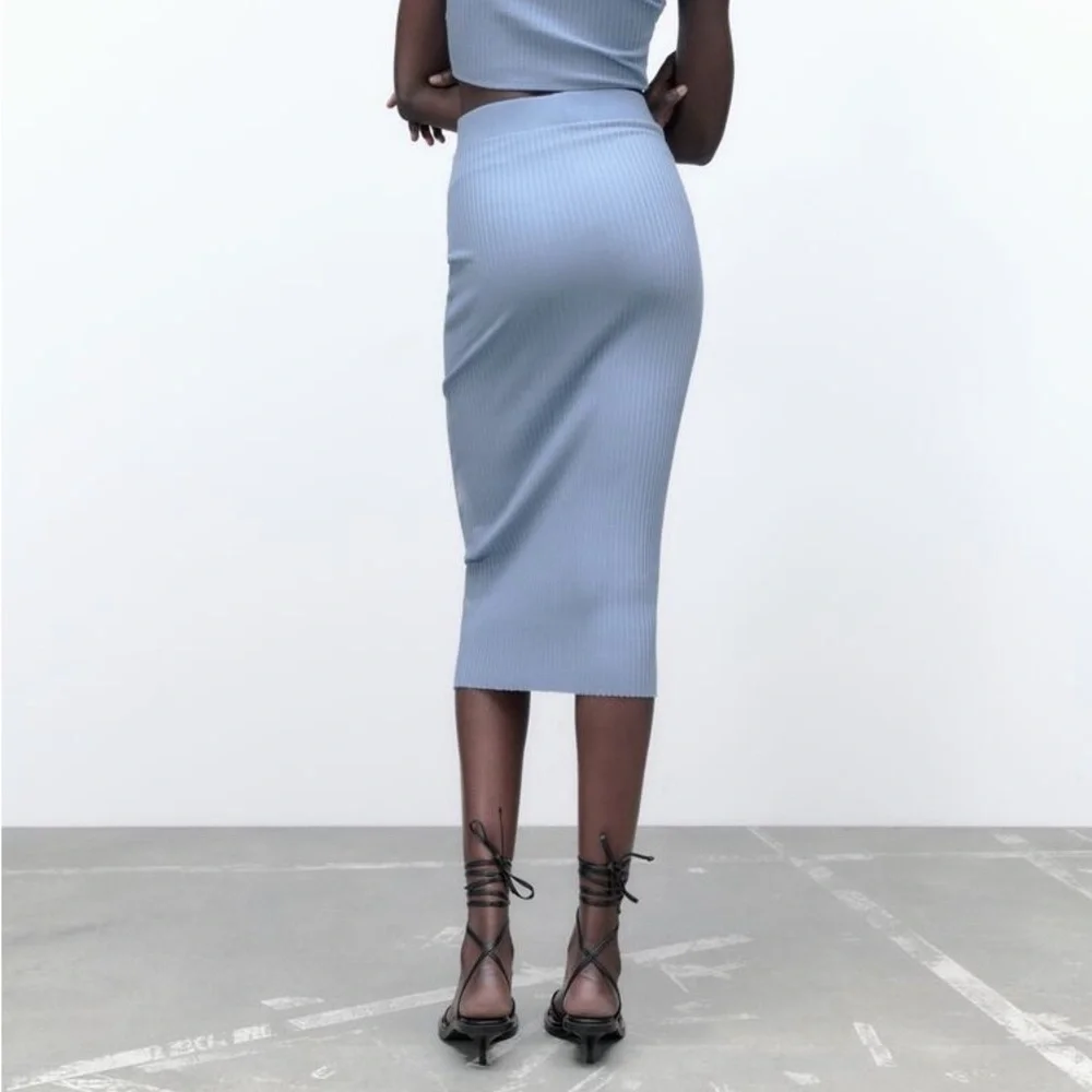ZARA RIBBED HIGH WAIST‎ CROSSOVER DRAWSTRING MIDI SKIRT